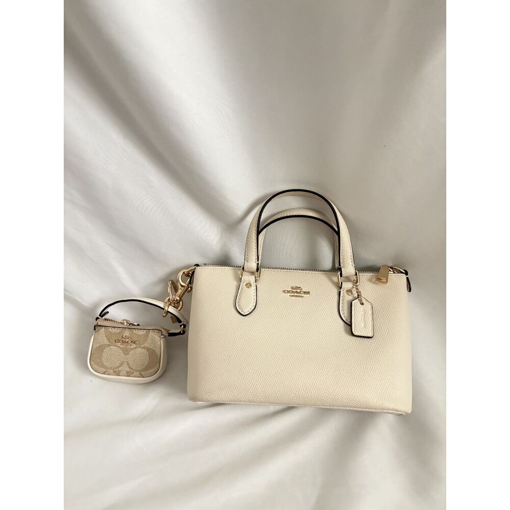 Coach Mini Gallery Bag Crossgrain Leather Chalk White with Pouch Charm and Strap